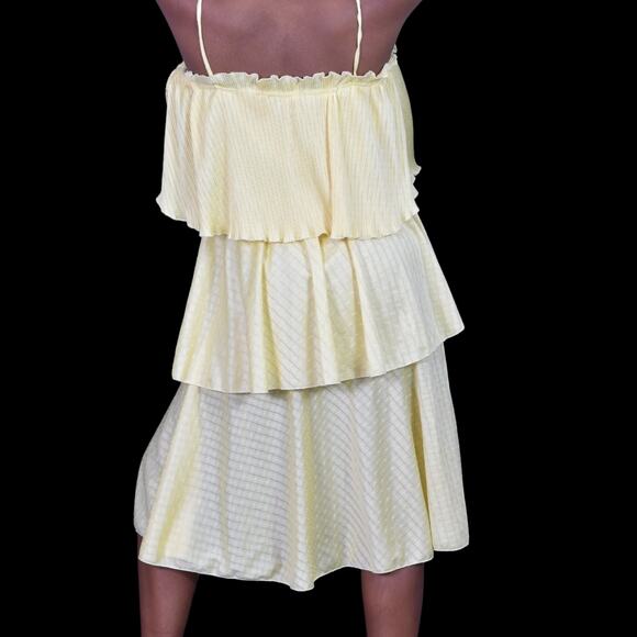 Vintage Tiered Midi Dress Yellow Ruffle Plisse Lemon 70s Pastel Homemade Large - Picture 2 of 14